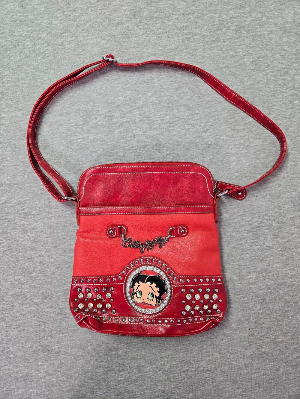 Betty Boop Crossbody Bag Womens Small Red Rhinestone Faux Leather Cartoon